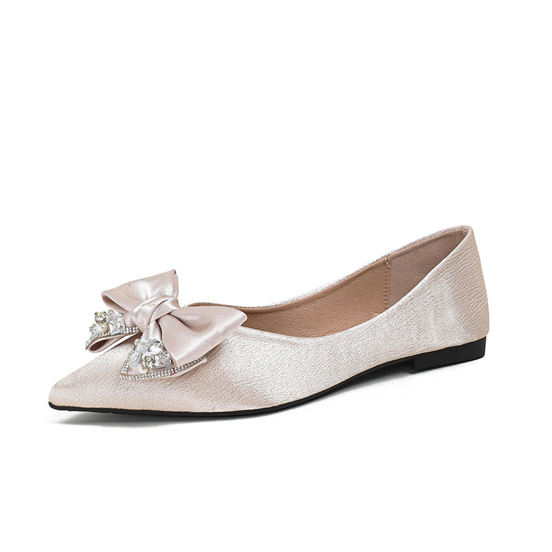 luxury rhinestone bow flats shoes woman pointed toe champagne silk bowknot ballet shoes 41-43 big size wedding shoes for women