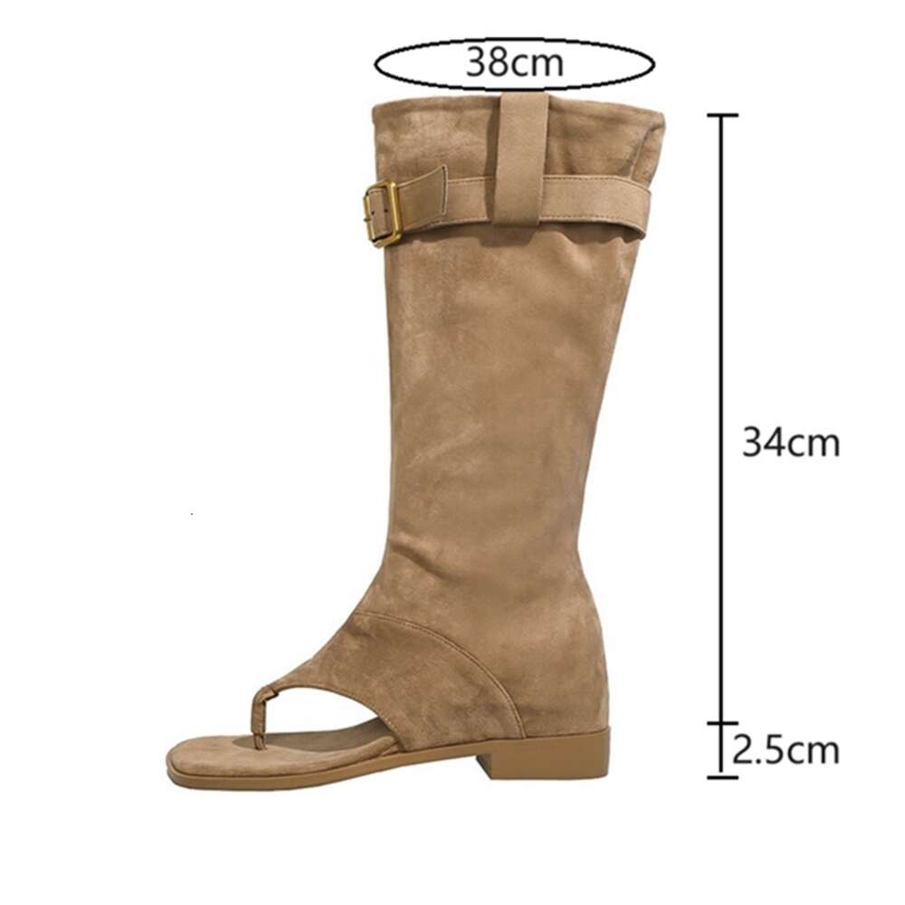 Summer Open Toe Chunky Sandals Knee-High Flock For Women Low Heel Boots Belt Buckle Plus Size Shoes