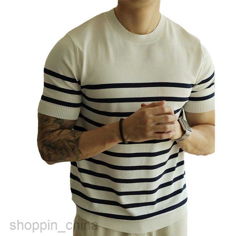 Men's T Shirts mature style round neck striped knitted short sleeved T-shirt for man casual business spring/summer top half sleeved T-shirt tees 