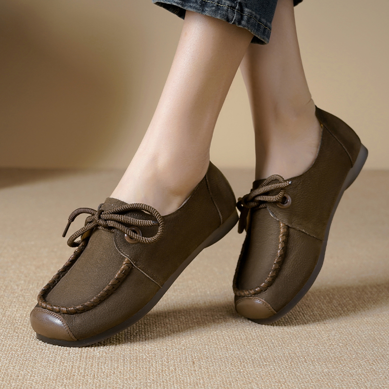 Women's AIYUQI Loafers Spring 2024 New Genuine Leather Casual Lace-Up Retro Flat Shoes Women db52