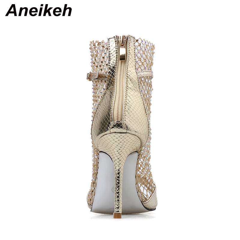 Aneikeh NEW Summer Glitter Gladiator Air mesh Sexy Sandals Shoes Woman High Heel Peep Toe Stripper Zipper Party Thin Heels Pumps