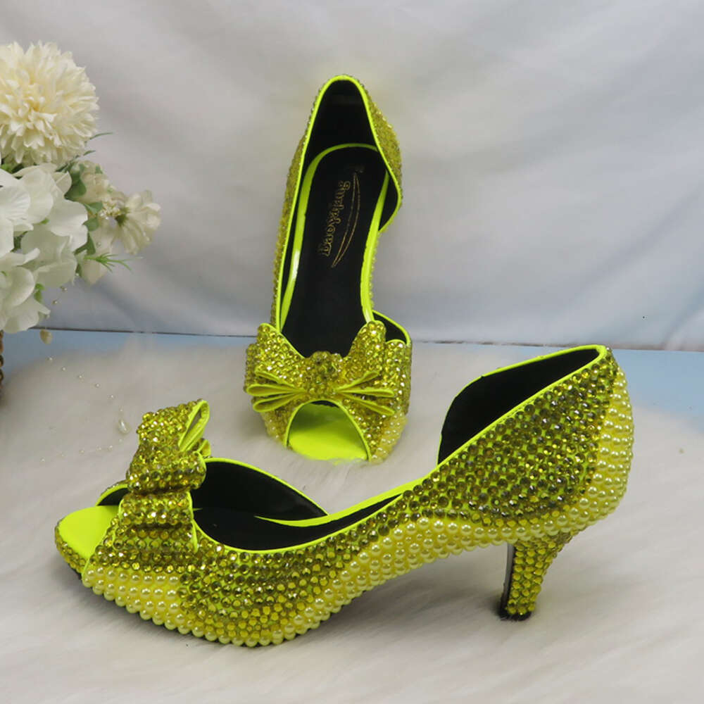 2022 New Arrival Lemon Yellow Crystal Women Wedding Matching Bags Peep Toe High Pumps Fashion Open Toe Shoes And Purse