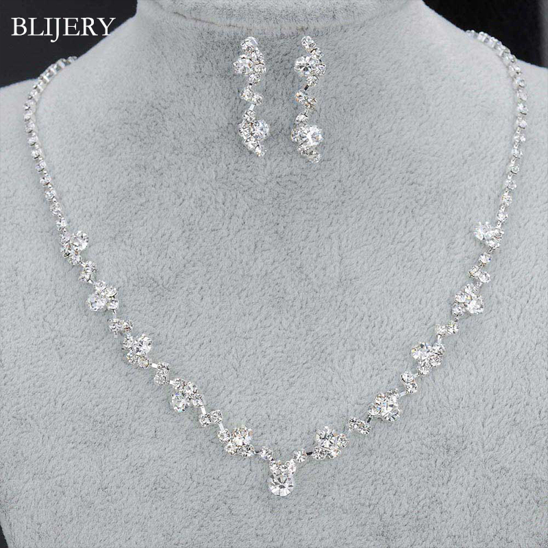 BLIJERY Simple Bridesmaid Bridal Jewelry Set Bling Rhinestone Crystal Choker Necklace Earrings Women African Wedding Jewelry Set