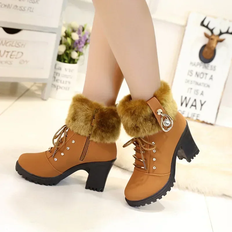 Suede Winter Designer Heels Shoes for Women 2023 New Short Plush High Platform Ankle Boots Elegant Botas Mujer 28ec
