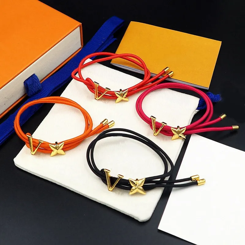 Charm Bracelets Fashion Lady Women Charm Bracelets Engraved V Letter Flower Gold Color Hardware Leather Cord Bloom Bracelet Jewelry
