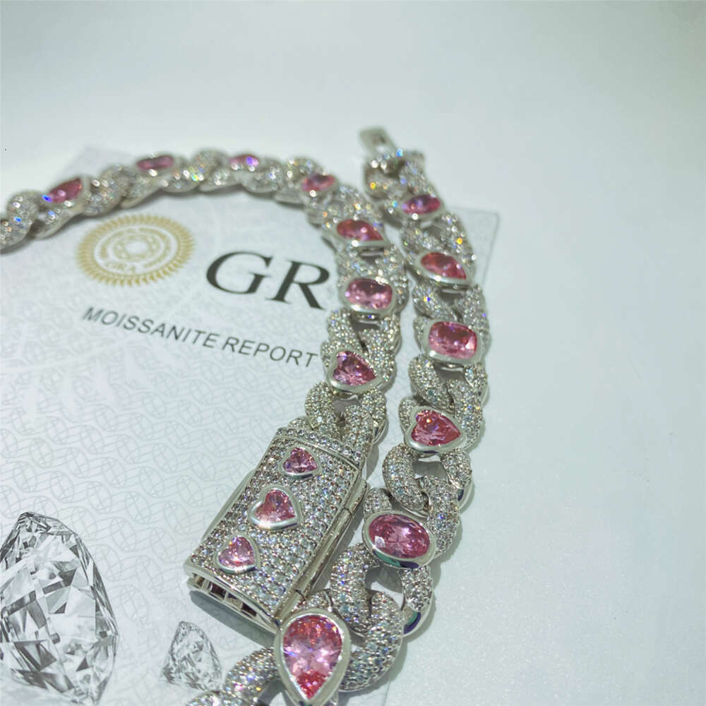Vvs Moissanite Pink Heart Iced Out Cuban Link Chain Fashion Sailor Moon Custom 925 Sterling Silver Women Jewelry Cuban Necklace
