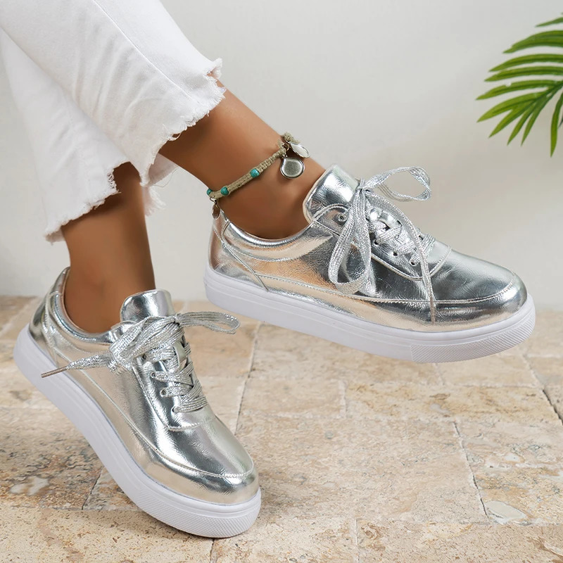 Gold and silver PU leather sports shoes for womens anti slip lace up platform casual shoes for womens autumn flat shoes Zapatos no print good size 43 