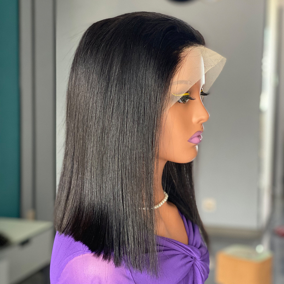 Double Drawn Bob Frontal Human 200 Density 13X4 Top Swiss Lace Natural Black Smooth Straight Wig Women Short Hair Wigs