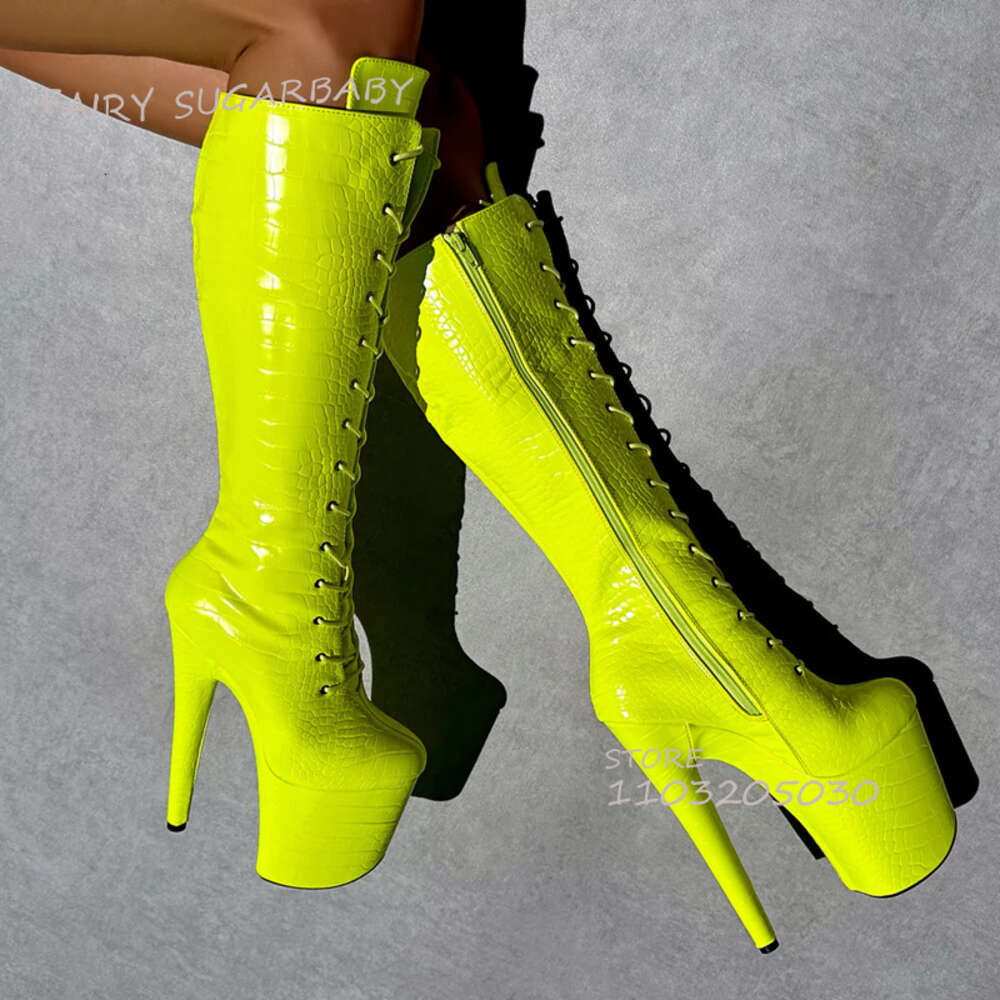 Bright Yellow Dazzling Boots Platform Women Lace Peep Toe Zipper Knee Booties Calf Open Pole Dance Sexy Girls Shoes