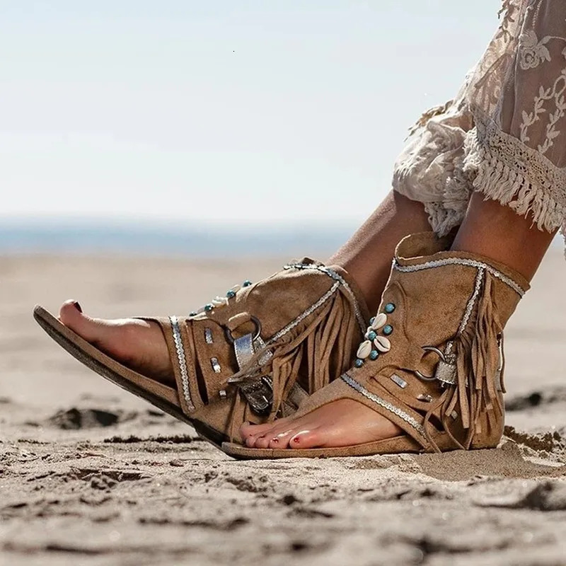 Retro Women Fringe Flower Wedges Shoes Solid Flock Beach Casual Sandals Women Summer Flip Flop Sandals 240611