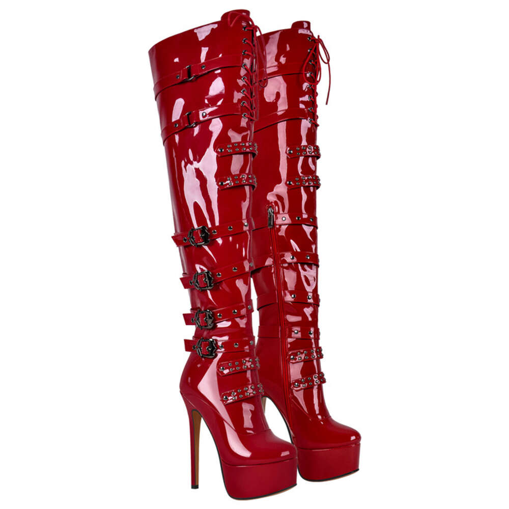Onlymaker Women Platform Stiletto Red Over The Knee High Side Zipper Patent Leather Fashion Sexy Winter Female Boots