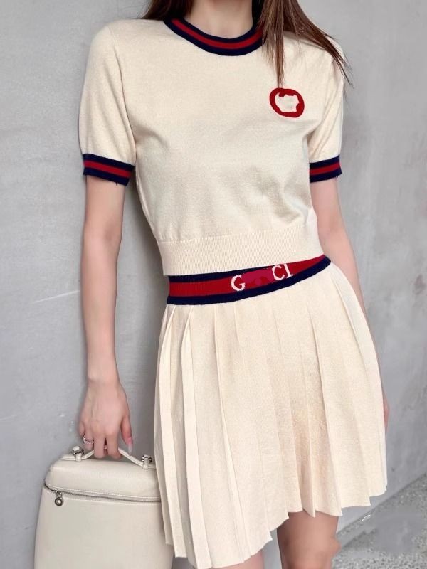 Women short sleeve logo embroidery designer knits tee and pleated skirt twinset 2 pc dress suit SMLXL