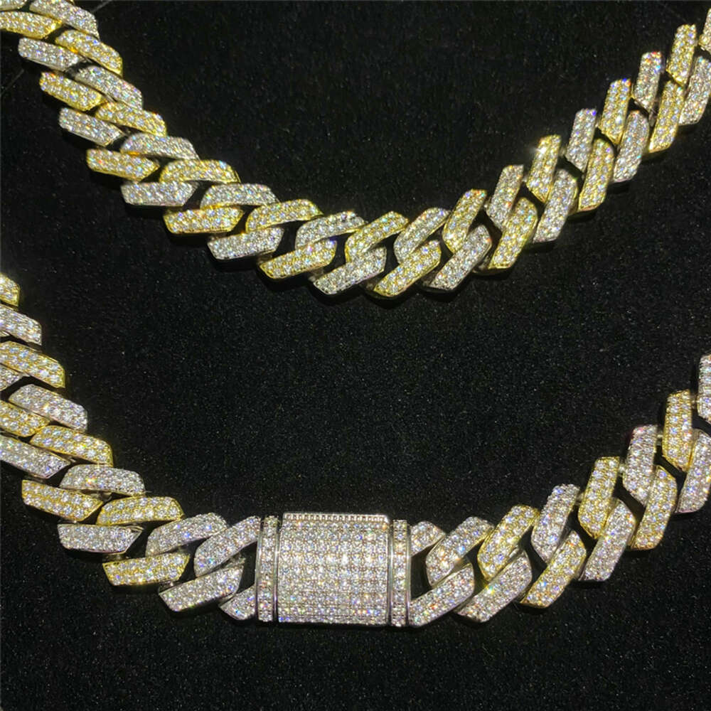 Sterling Silver Hip Hop Jewelry Moissanite Chain Cuban Bracelet 14mm Two Tone Iced Out Diamond Gold Plated Cuban Link Chain