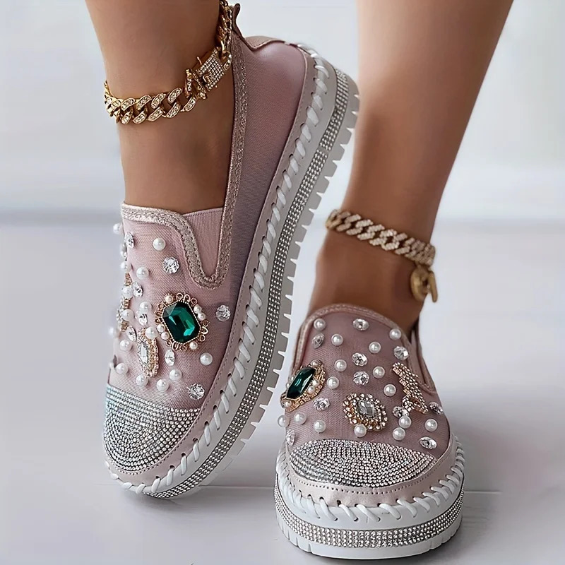 Loafers womens rhinestone decorative mesh sports shoes slide on low flat shoes 240611