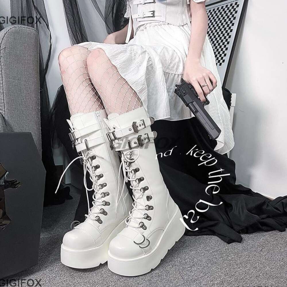 GIGIFOX Platform High Wedges Gothic Style Women Mid Calf Buckle Zipper Metal Chain Punk Round Toe Autumn Shoes Boots