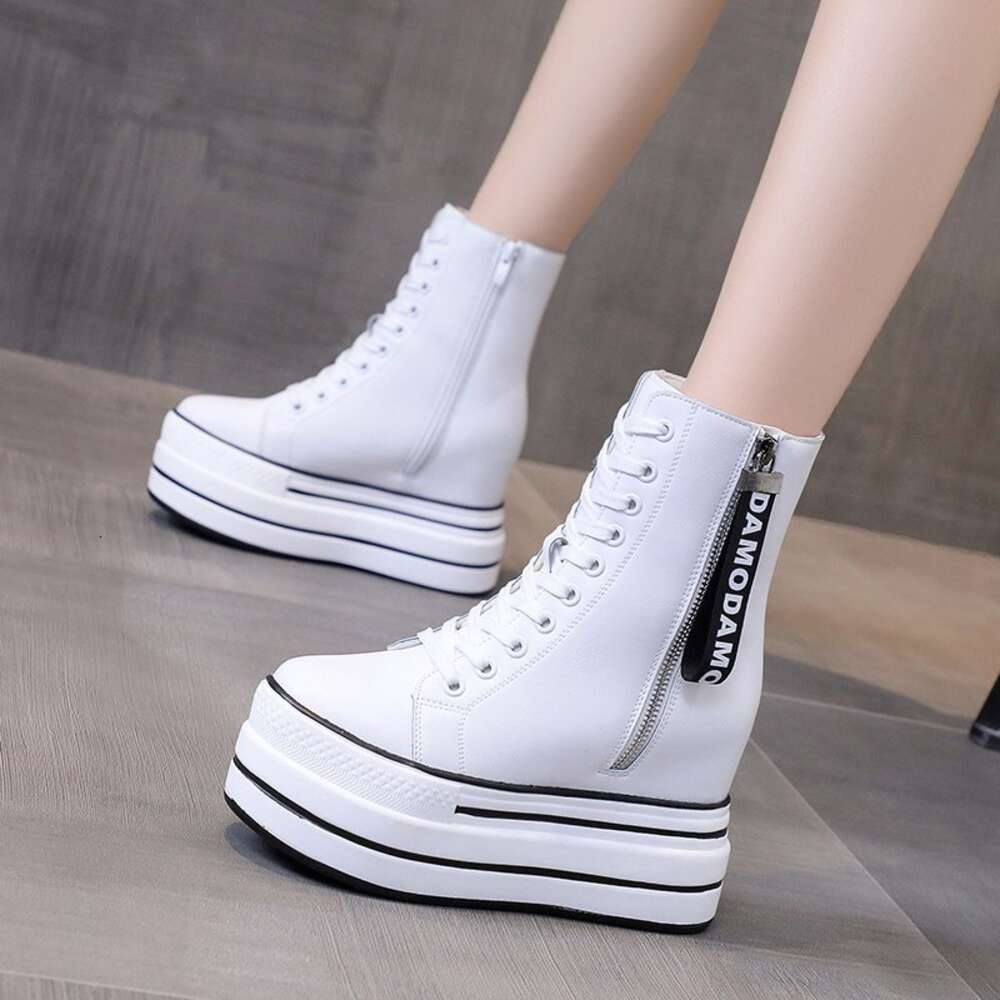White Trendy Women High Top Sneakers Platform Zip Ankle Boots Femme Chaussures Femmes Height Increase Outdoor Sports Shoes