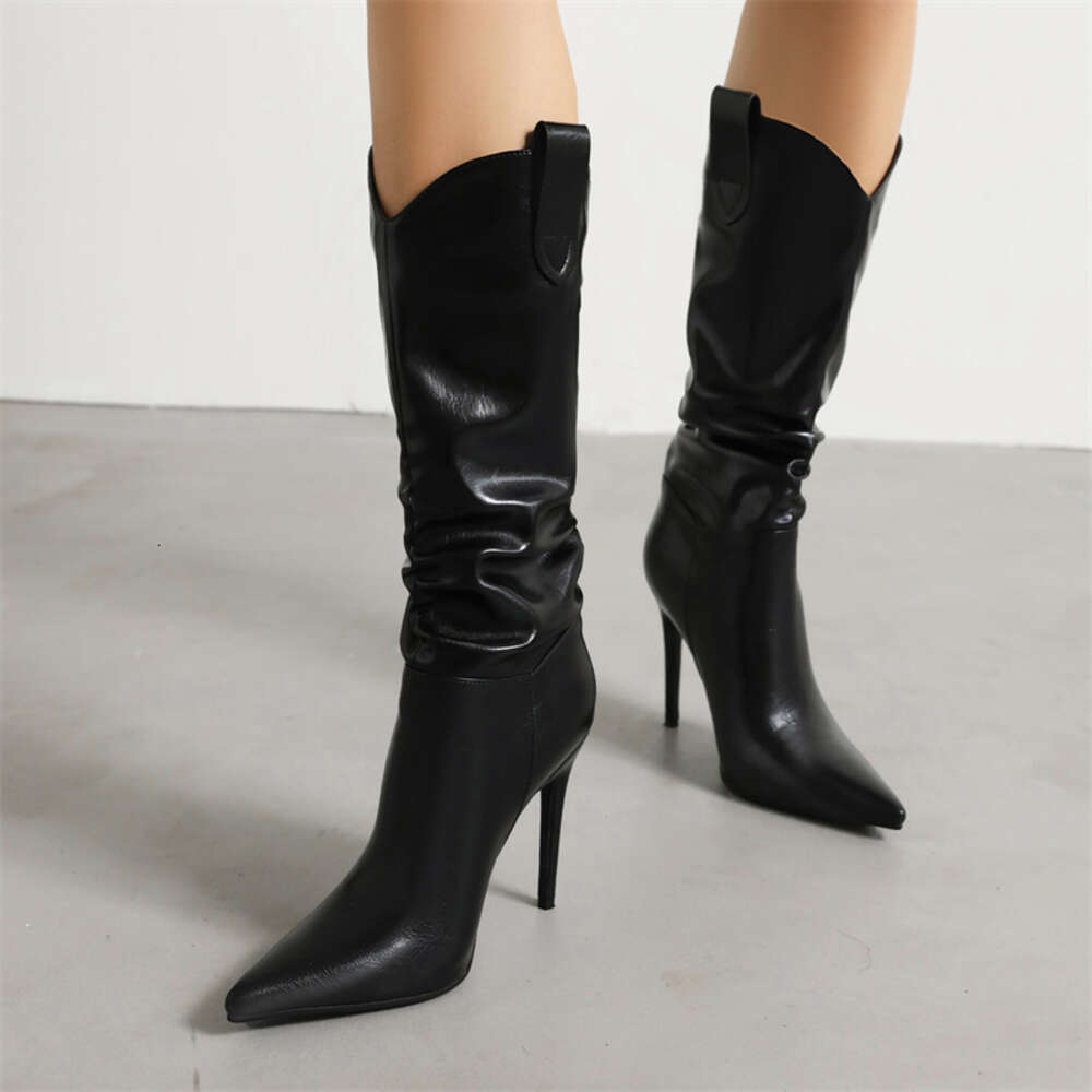 Knee High Women Sexy Point White Red Heels Western Cowboy Boots Female 2023 New Trends Dance Party Shoes Large Size