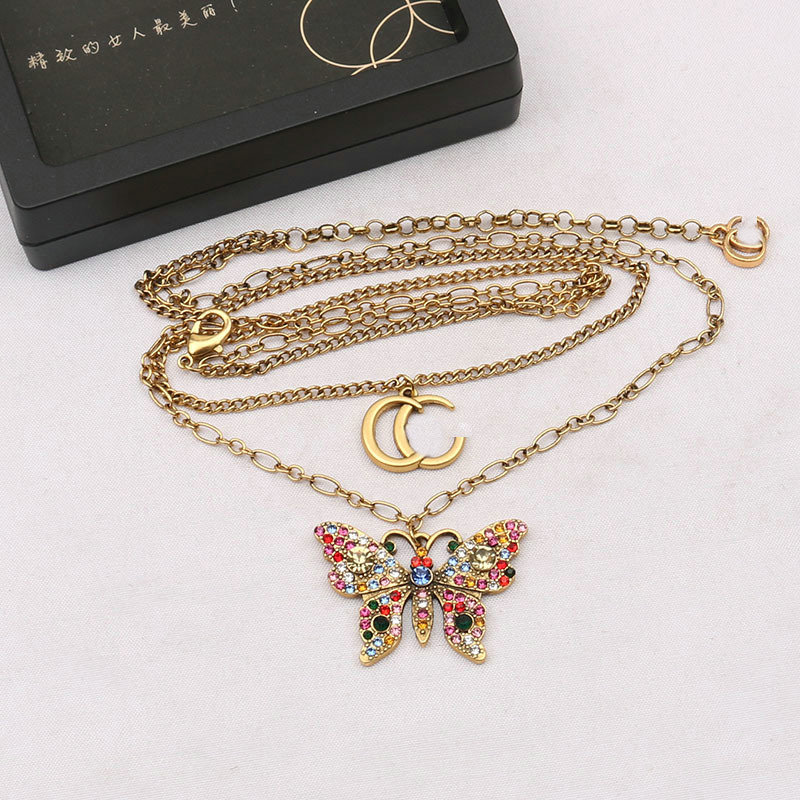 Brand Vintage Colored Designer Diamond Butterfly Choker Pendant Necklaces Chain Women Jewelry Accessories Wedding Gift