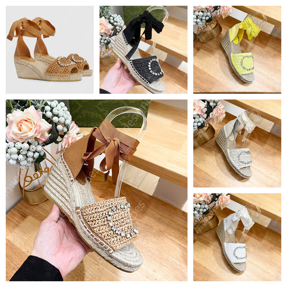 Wedge Heels Sandals Famous Designer Women Espadrille Summer Sandals Crystals Interlocking Luxury Fisherman Shoes Sandale Ribbon Raffia Hand Weave Sandalias