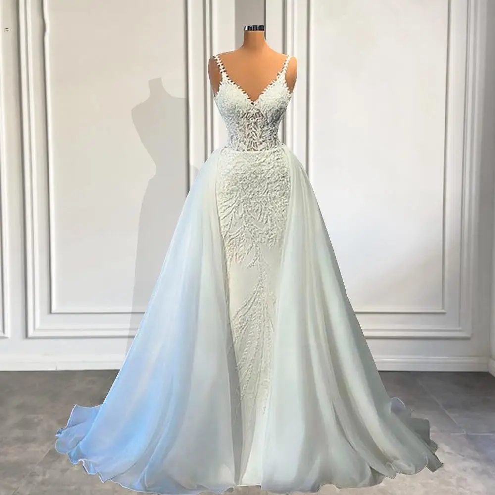 Saudi Arabic Mermaid Wedding Dress 2024 Detachable Train V-neck Straps Lace Appliques Bridal Dresses Bride Formal Gowns Vestidos De Novia