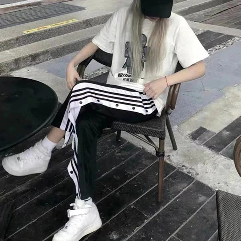 MEXZT Y2K Striped Joggers Sweatpants Women Button Slit Baggy Wide Leg Pants Streetwear Elastic High Waist Loose Casual Trousers 240530
