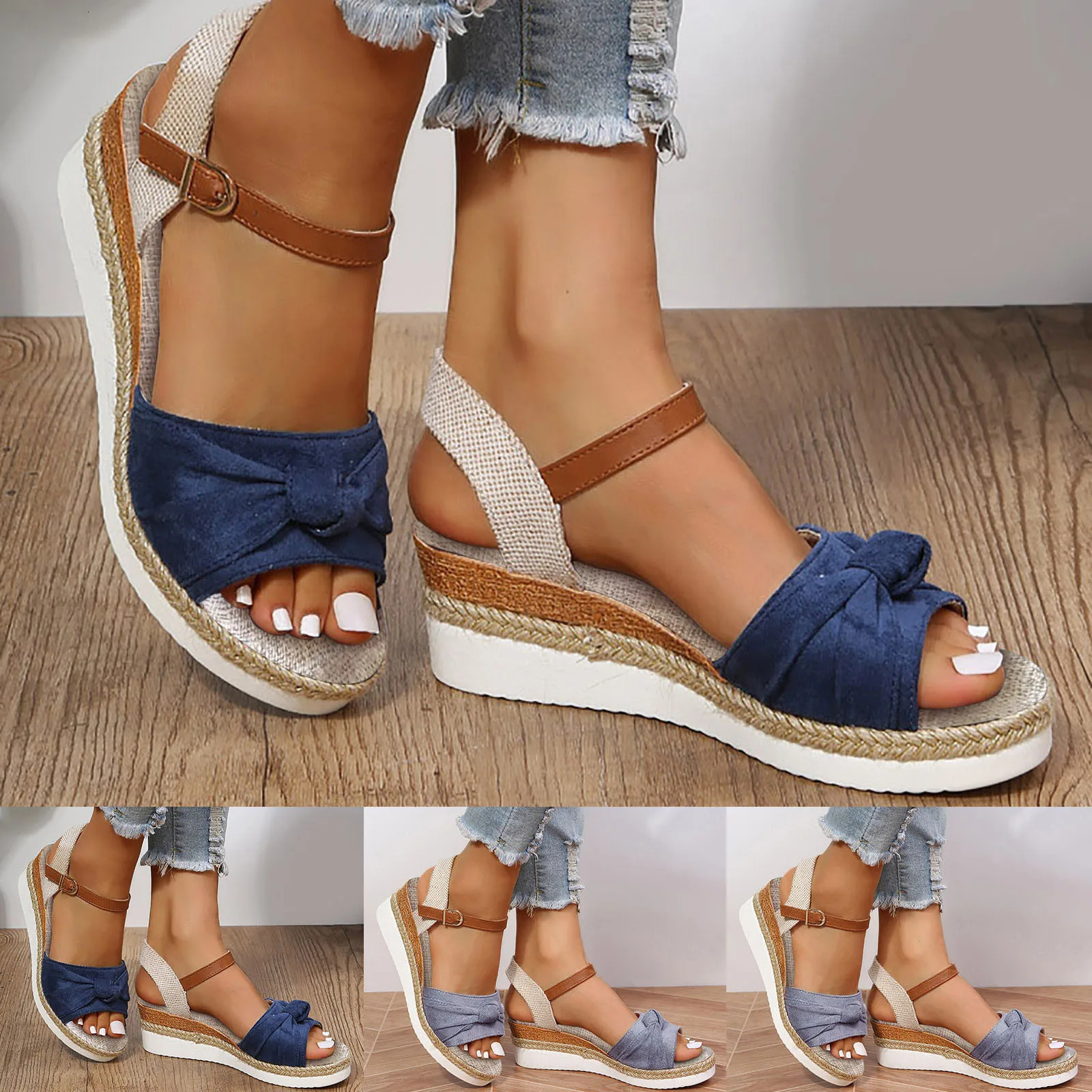 Color Block Knot Detail Espadrille Strap Wedge Sandals For Women Casual Open Toe Sandals Roman Platform Sandals 240611