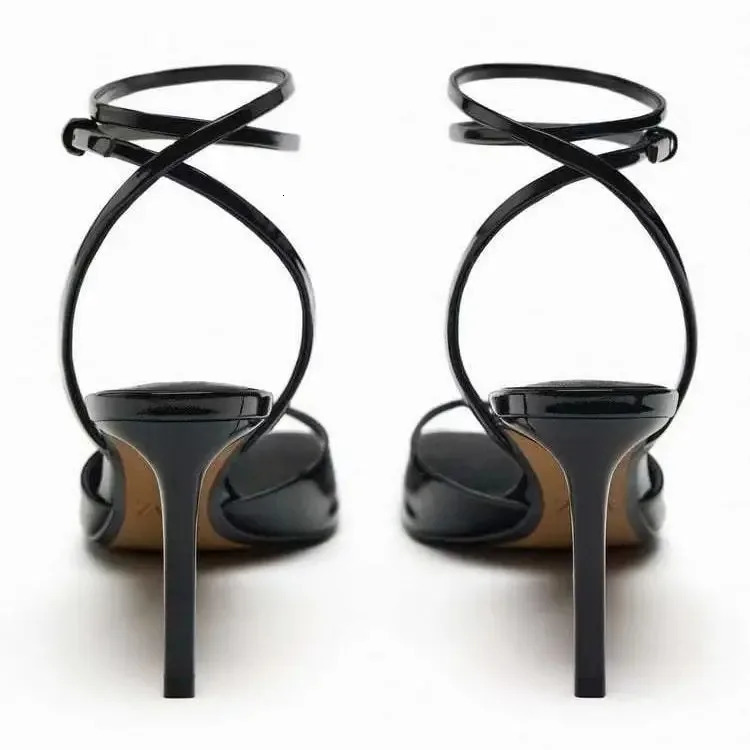 European and American High Quality Women Shoes Black patent leather square toe open back strap high heel sandals 240611