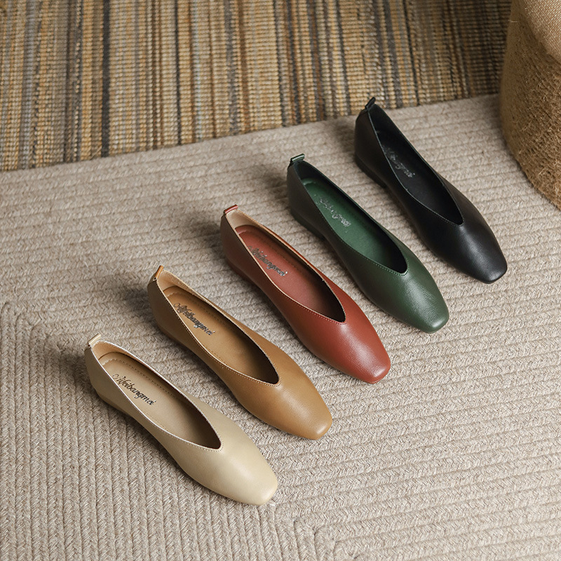 Genuine Low-heeled Women 2023 Spring Soft New Leather Flat Bottom Shallow Cut Single Shoe Versatile Casual Heel Loafers