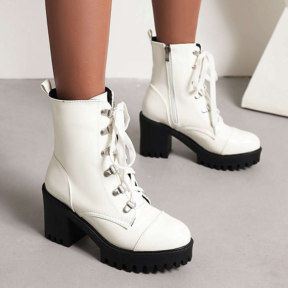 Lace Up Sexy Women's Boot Winter Fashion Platform Punk High Heels Black Yellow White Ankle Boots Autumn Rubber Shoes Women