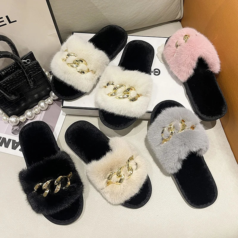 Autumn Winter Open Toe Furry Fluffy Slippers Women Home Indoor Warm Thick-soled Slipper Fashion Cotton Slippers Zapatillas Mujer 240611