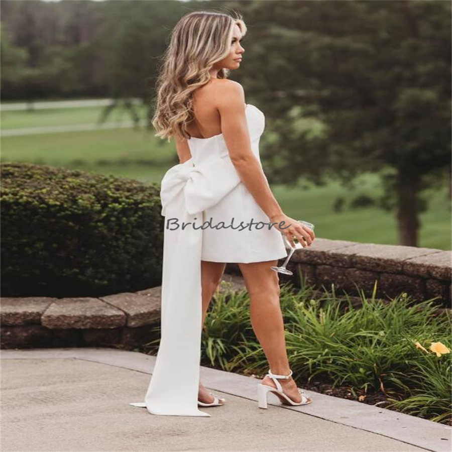 Minimalist Boho Short Wedding Dresses With Bow Strapless Soft Satin Beach Bridal Dress 2024 Civil Backless Garden Bride Dress Gatsby Vestios De Novia 