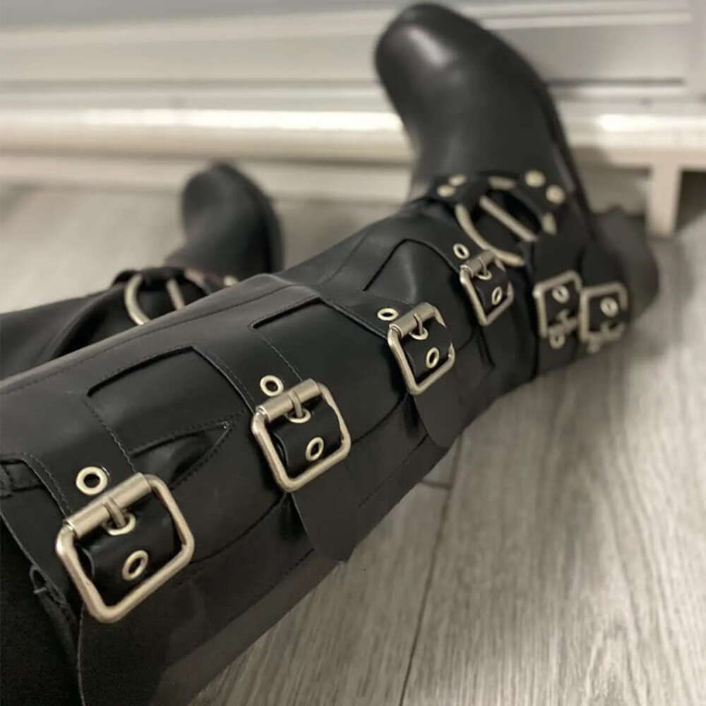 Onlymaker Women Gothic Black Knee High Heeled Brown Metal Rivet Buckle Fashion Motorcycle Boots