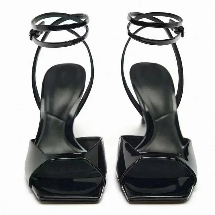 European and American High Quality Women Shoes Black patent leather square toe open back strap high heel sandals 240611