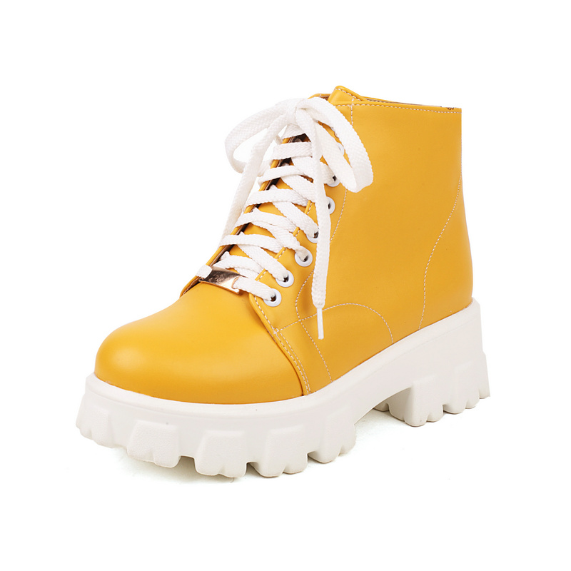 Black Orange Yellow Women Ankle Boots Platform Square Heel Ladies Short Boots PU Leather Round Toe Cross Tied Women's Shoes
