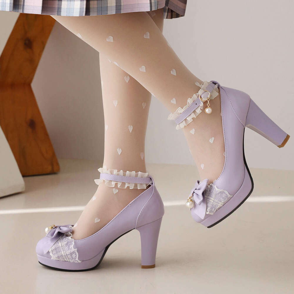 Summer Ladies 2.5 Platform Cute Bow Lace Princess Mary Jane Lolita Shoes Party 10Cm High Heels Buckle Pumps Big Size 43