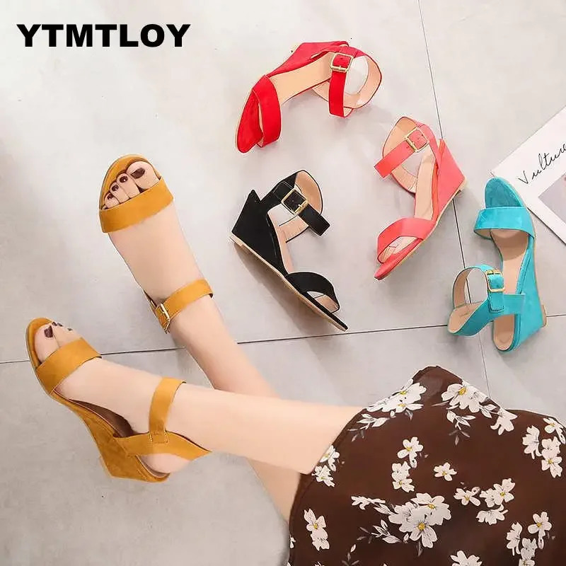 2024 Summer Womens Sandals Fashion Buckle Shoes Open Toe Wedge Casual Shoes Women Plus Size 43 Candy Color Sandals Women 240611