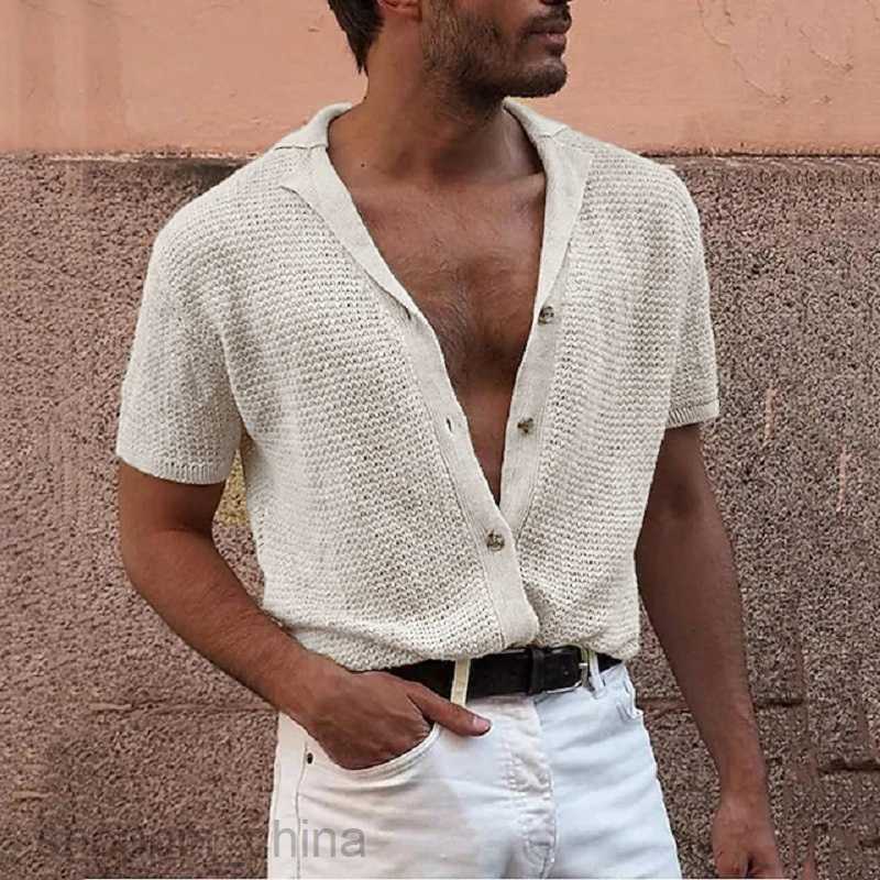 Men's T Shirts Fashionable men casual short sleeved top knitted single breasted gentleman cardigan male lapel sweater tees tops