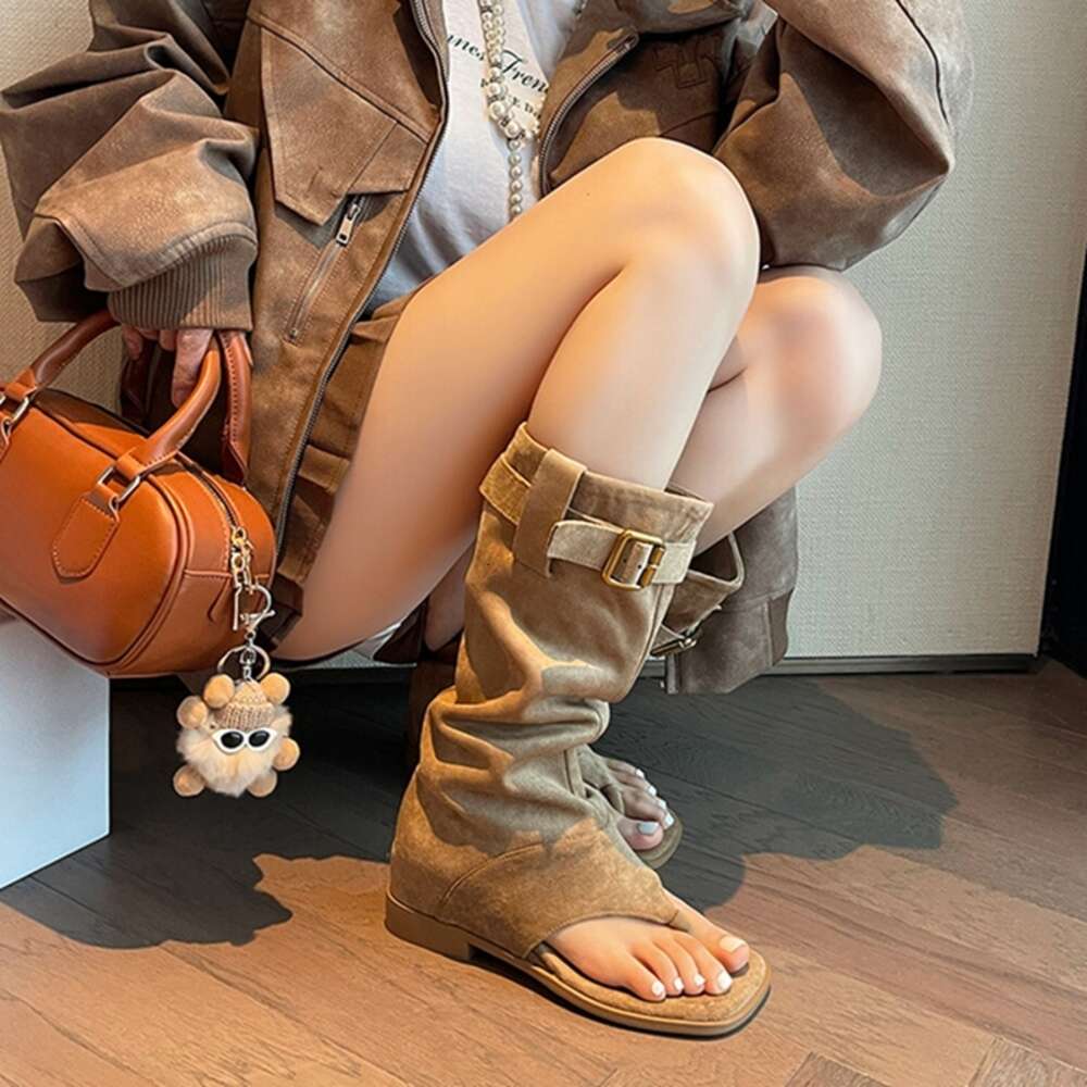Summer Open Toe Chunky Sandals Knee-High Flock For Women Low Heel Boots Belt Buckle Plus Size Shoes