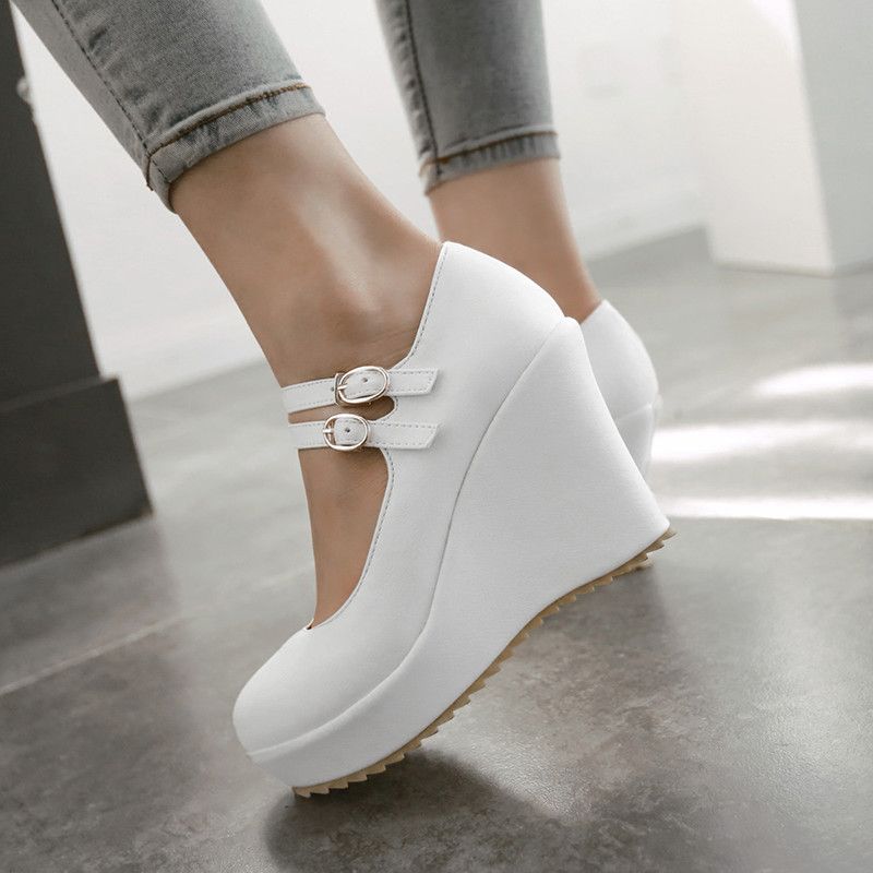 Casual Wedge Shoes For Women Classic Black Nude White Wedges Heeled Elegant Ankle Straps OL Office Wedding Shoes Lady