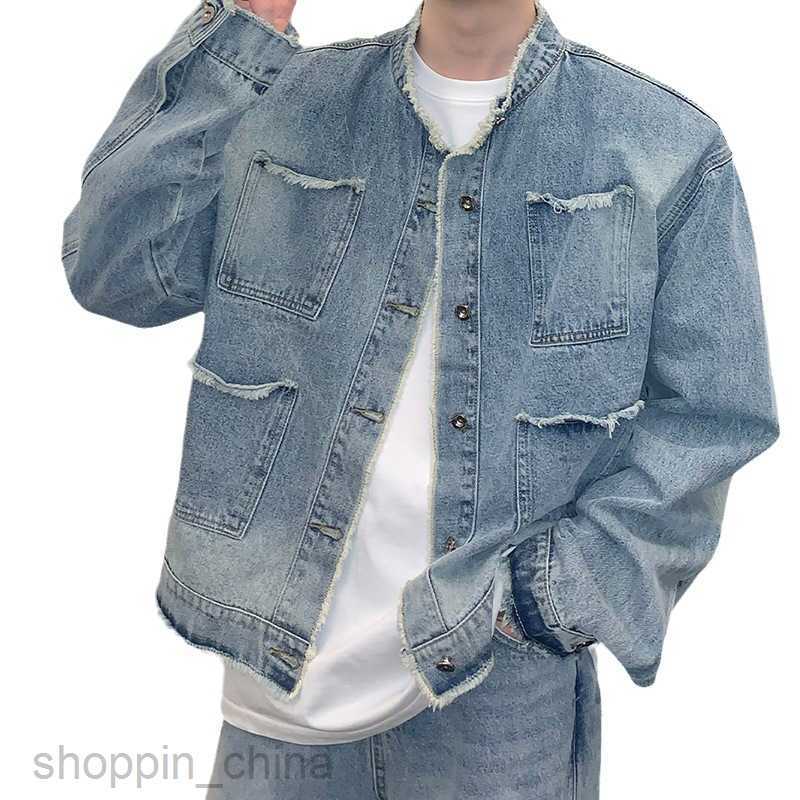 Men's Jackets Coats Worn edge trendy high street denim jacket for man loose and niche design casual washed gradient jacket