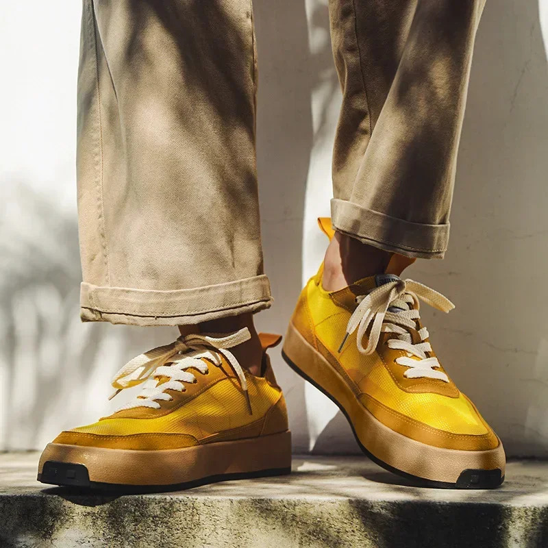 Trendy Men Casual Sneakers Patchwork Flat Canvas Shoes for Men Ice Silk Walking Platform Shoes Comfortable Vintage Sneakers Male 250225