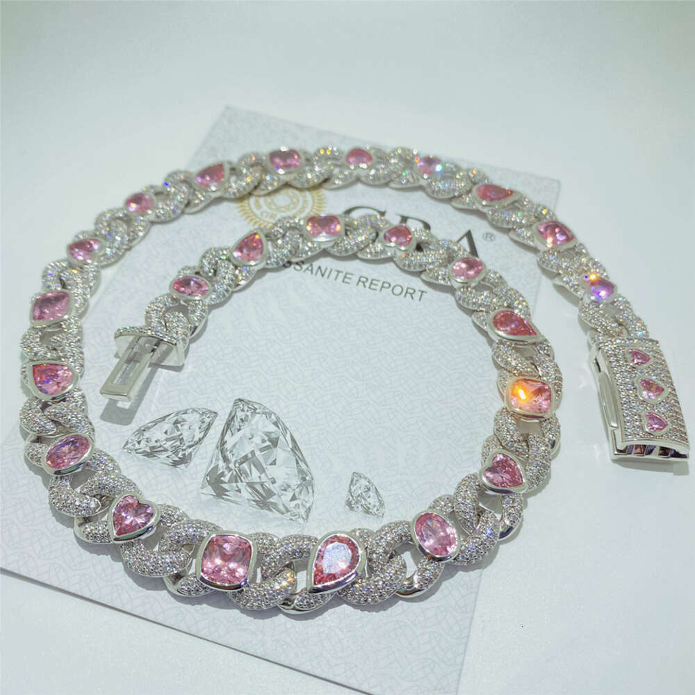Vvs Moissanite Pink Heart Iced Out Cuban Link Chain Fashion Sailor Moon Custom 925 Sterling Silver Women Jewelry Cuban Necklace