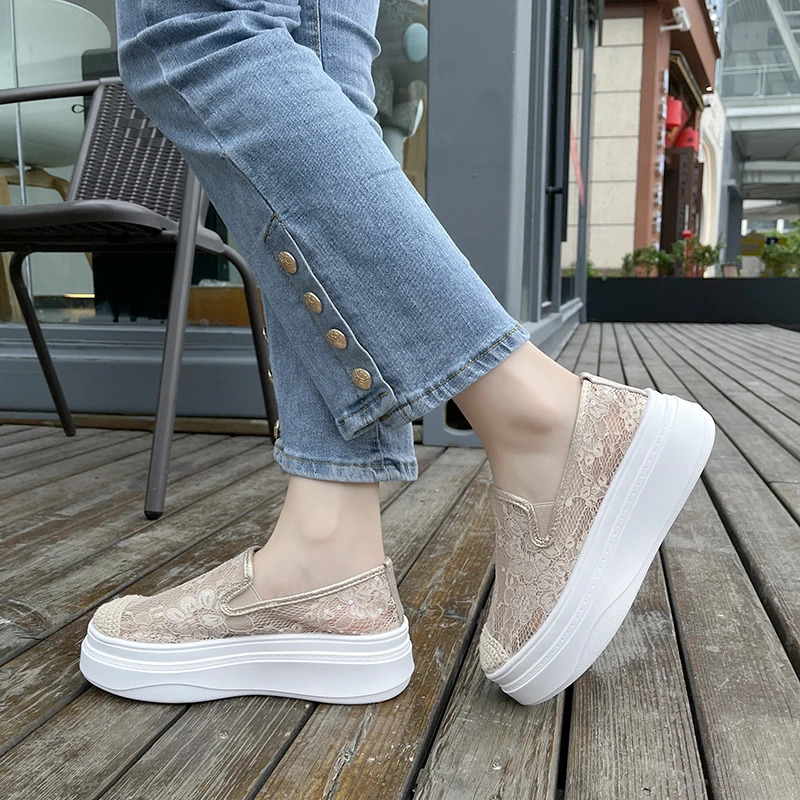 7cm Lace Air Mesh Womens Summer Shoes Slippery on Fashion Sports Shoes Platform Wedge High Heels 240611