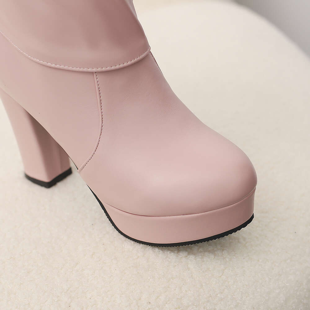 Retro Women Round Toe Platform Diamond Pleated Knee High Winter High Heel Boots Ladies Chunky Heel Shoes 2023 New