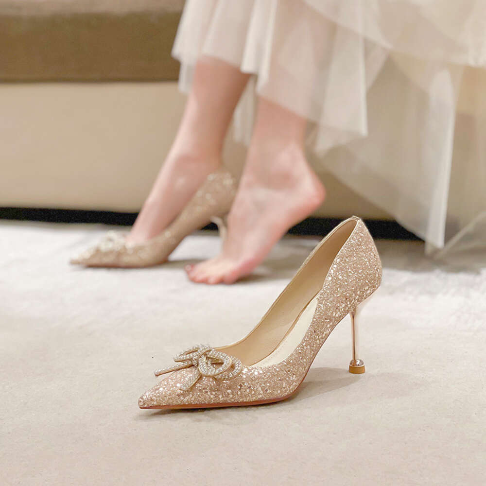 8Cm Fashion New High Heels With Rhinestone Bow Pointed Toe Sequins Pumps Wedding Bride Shoes For Women 41 42 43