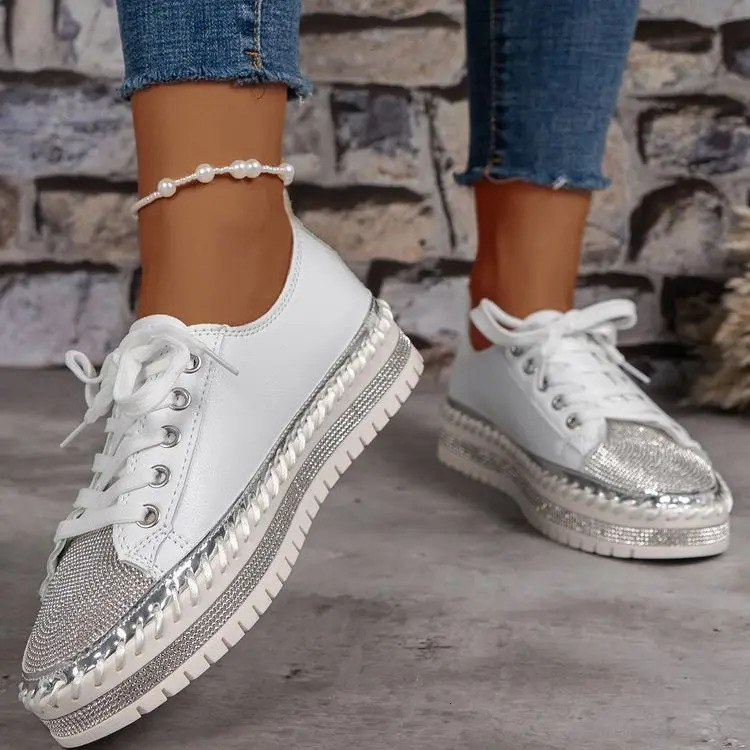 Womens sports shoes Plus size 35-44 crystal thick sole casual Rhinestone PU walking flat thick sole lace sole 240611