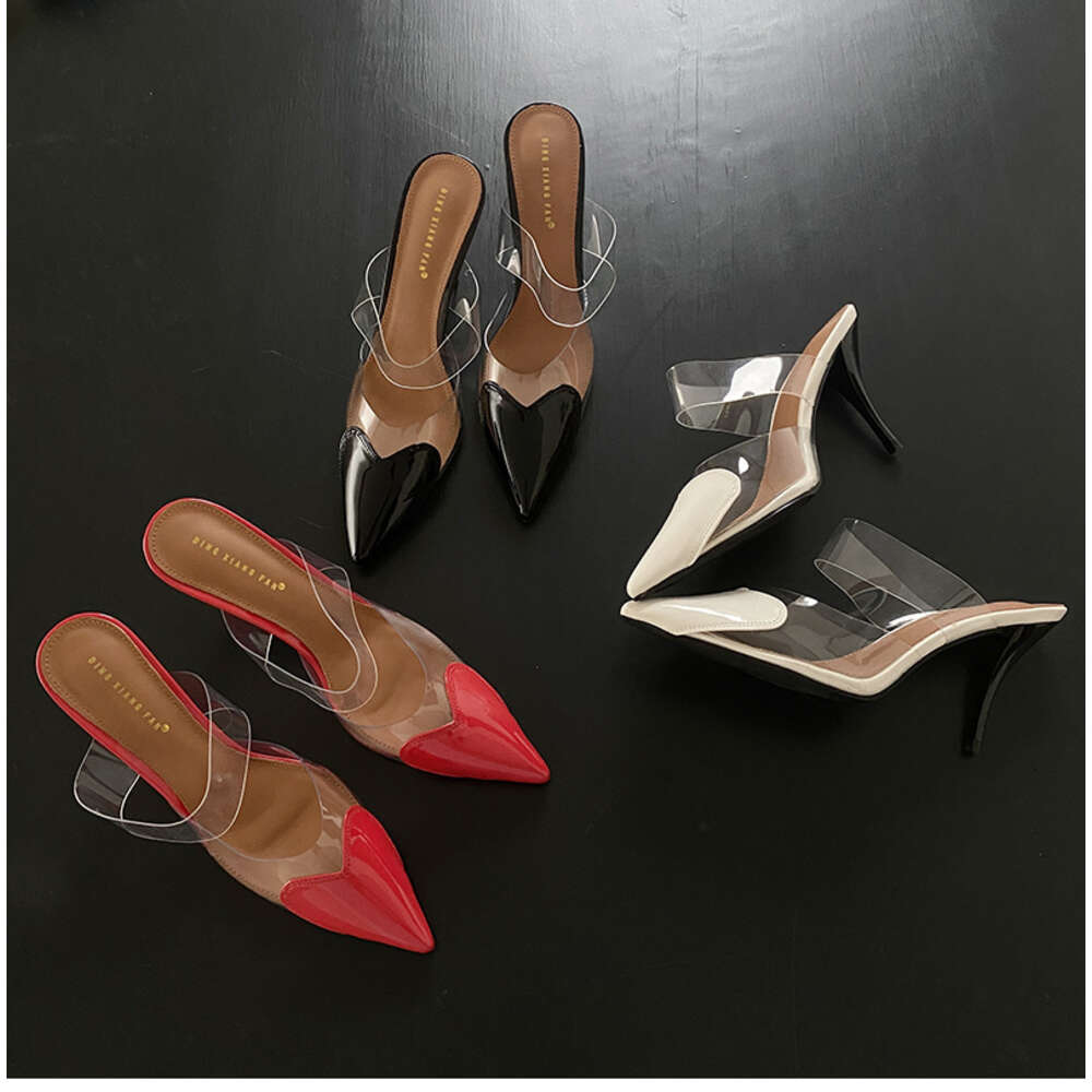 CHMURY Pointed Toe Heart High Heels Mules Sandals Slipper For Women 2024 Black White Red Shoes 866