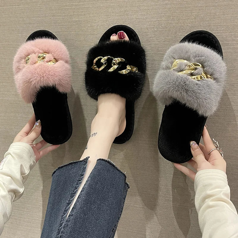 Autumn Winter Open Toe Furry Fluffy Slippers Women Home Indoor Warm Thick-soled Slipper Fashion Cotton Slippers Zapatillas Mujer 240611