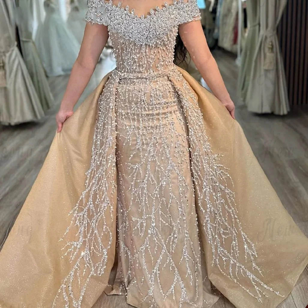 Magnificent Mermaid Wedding Dresses Crystals Pearls Sequins Off Shoulder Pleat Backless Detachable Train Belt Custom Made Plus Size Bridal Gown Vestid
