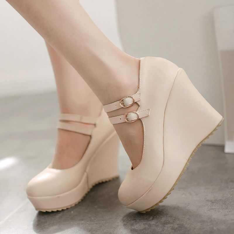 Casual Wedge Shoes For Women Classic Black Nude White Wedges Heeled Elegant Ankle Straps OL Office Wedding Shoes Lady
